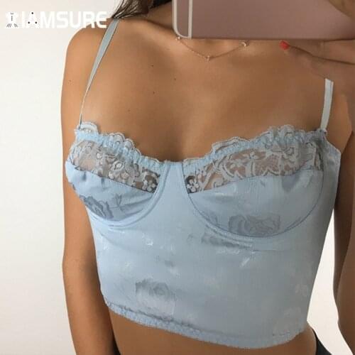 IAMSURE Lace Tank Tops Women Summer Sweet Slim Low Cut Bustier Camisoles Prairie Chic Casual Crop Top Streetwear Floral Print