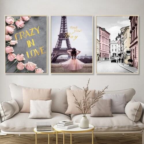 Paris City Tower Street Landscape Canvas Painting Posters Prints Pink Rose Letters Love Pictures Wall Art For Living Room Decor