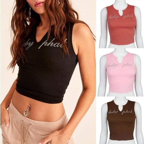 New Stylish Crop Top Letters Rhinestone Sexy Deep V Solid Color Blouse for Dating Streetwear Vest Tops