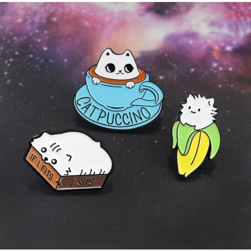 Cute Cat Brooch Banana Cat Box Lazy Cat Coffee Cup IF I FITS I SITS Kawaii Cats Collection Enamel Pin Denim Badge Friends Gifts
