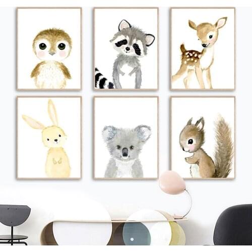 Cartoon Deer Owl Raccoon Koala Squirrel Rabbit Wall Art Canvas Painting Nordic Posters And Prints Wall Pictures Kids Room Decor