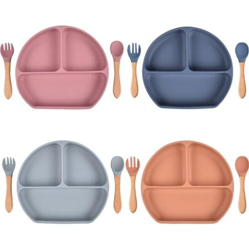 Baby Silicone Plate Baby Feeding Set Suction Plate+Spoon+Fork Tray Baby Bowl Set BPA Free Silicone Dishes For Baby Plate Dishes