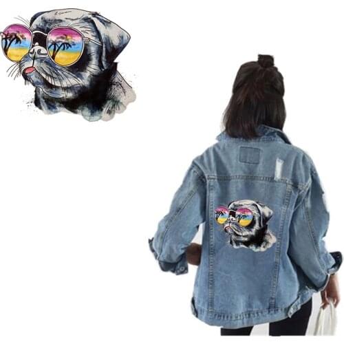 Cool Pug Dog Glasses Iron on Heat Transfer Printed Patches Stickers Washable for Clothes Jeans T-shirts Sweatshirt DIY Appliques
