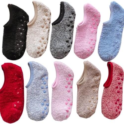 5Pairs Floor Boat Socks For Women Men Winter Warm Cotton Plush Non-Slip Socks Solid Short Socks Slippers Indoor