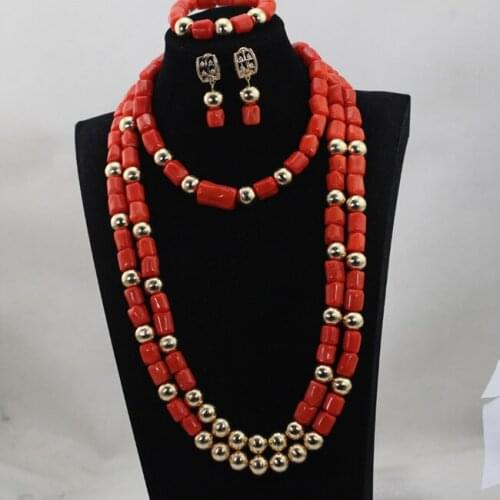 Latest Nigerian lWomen Wedding Coral Beads Jewelry Set Long Bead 28inches Statement Necklace Set Dubai Gold Free Shipping QW317
