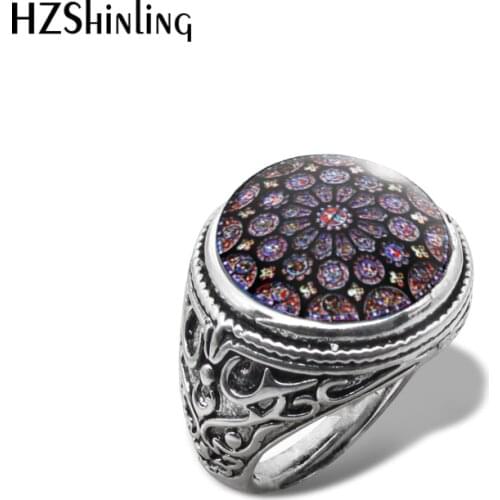 2019 New Notre Dame De Paris Cathedral Rose Window Vintage Ring Art Hand Craft Rings Glass Dome Jewelry
