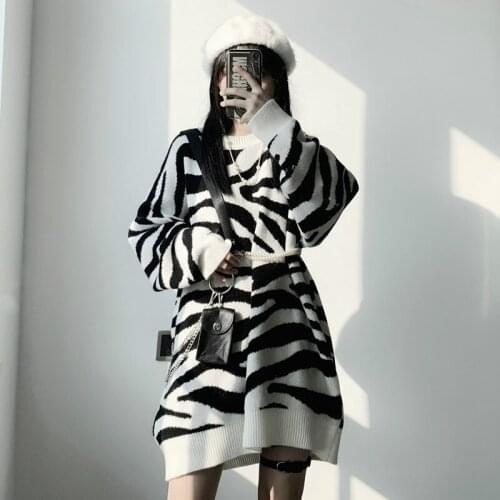 New Spring Autumn Harajuku Gothic Girls Punk Zebra Pattern Top Women Long Pullover Loose Knitted Jumpers Top