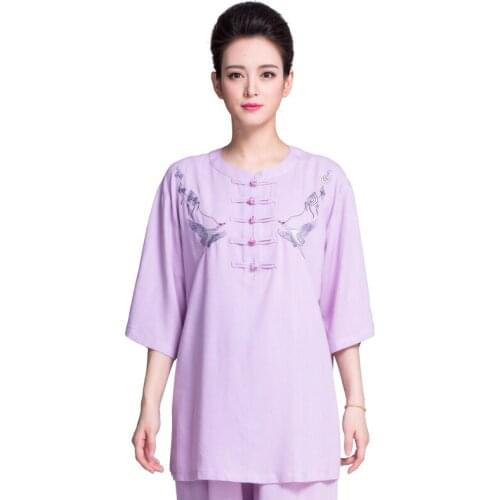 New Product Summer Flax Cotton Tai Chi Uniform Embroidery Short Sleeve Women Martial Art Clothing 6 Colors