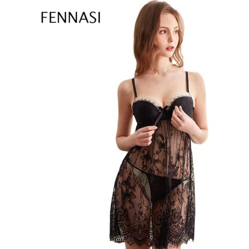 FENNASI Sexy Long Skirt Lace Transparent Hollow Out Lace Sling Pajamas Temptation Clothes Womens Underwear Erotic lingerie