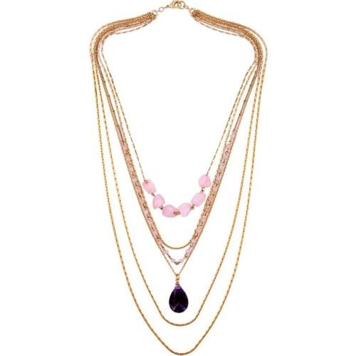 Pink Multichain Necklace Chic Irregular Synthetic Stone Beads Charm Removable Statement Necklace For Women