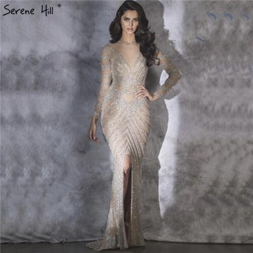 Silver Dubai Mermaid Designs Evening Dresses 2020 Long Sleeves Beading Sequined Formal Dress Serene Hill LA6281