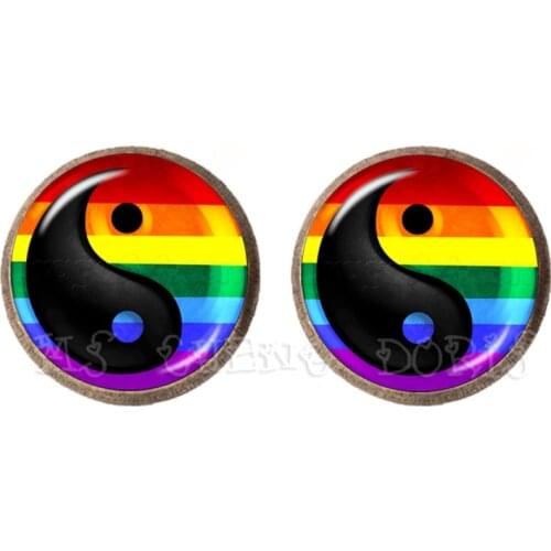 Yin&Yang Rainbow 12mm Glass Dome Stud Earrings For Women Men Gay And Lesbian Pride Jewelry Parade Demonstration Gift