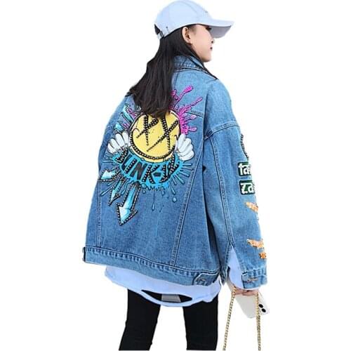 Womens Denim Jacket Outerwear Diamond Letters Printed Female 2021 Spring And Autumn New Fashion Long Sleeved Denim Coats
