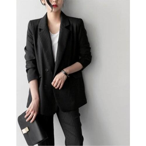 2 Pieces Autumn Korean Slim Professional Double Breasted Two Piece Blazers And Pants Suit V-neck Striped Women Clothing Sets