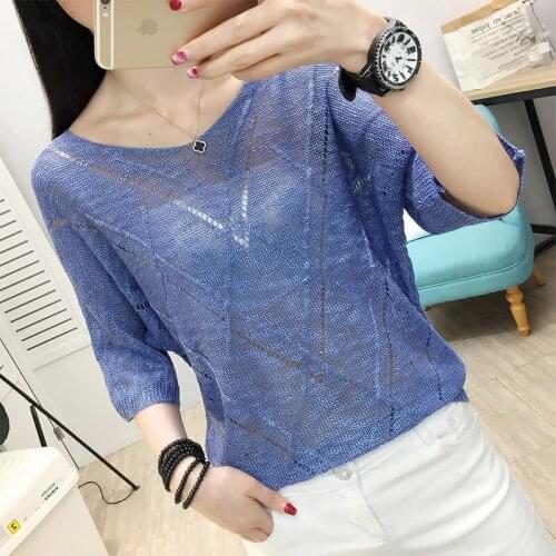 2020 knitted sweater hollow jacket womens thin style new summer bat sleeve blouse Korean version of loose mesh tunnels