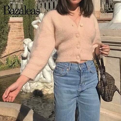 Bazaleas Retro Pink center buttons Knitted Chic Women Sweater France Long Sleeve pull femme Cardigan Sweaters Casual