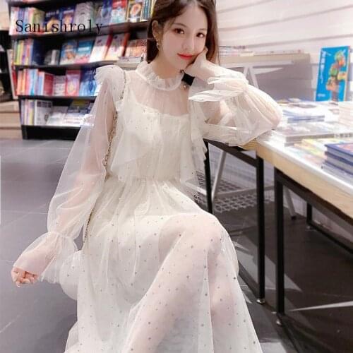 Two-piece New Spring Autumn Women Ruffles Lace Dress Sweet Flare Sleeve Sequins Mesh Dress Female High Waist Long Party Vestidos