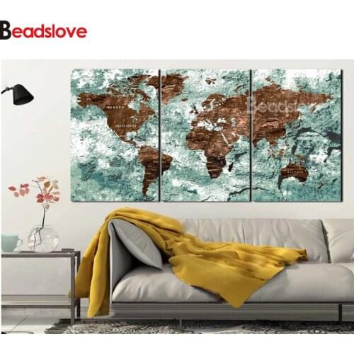 Diy full square round drill 3 pcs diamond painting Blue and grey world travel map mosaic painting kits diamond embroidery