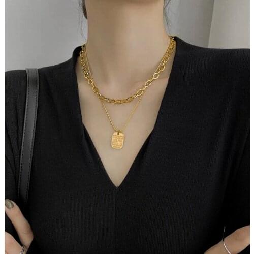 316L Stainless Steel Simple Multilayer Golden Necklace Square Brand Letter Necklace Double Chain Sweater Chain Couple Jewelry