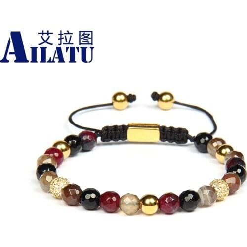 Ailatu New Wristband Macrame Bracelet 6mm Faceted Botswana Onyx Beads Stainless Steel Jewelry Logo Engrave for Gift