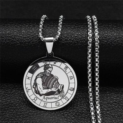 Astrology Aquarius Stainless Steel Round Chain Necklace Women/Men Silver Color Necklace Jewelry chaine acier inoxydable XH259S03