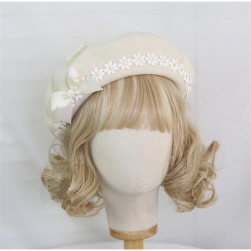 Handmade Bowknot Beret Hat Lolita Daisy Flower Painter Flat Cap Women Autumn Winter Warm Cap B1610