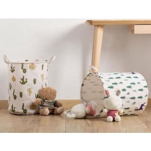 Household Cotton and Linen Large Folding Cactus Fabric Dirty Clothes Basket Waterproof Toy Storage Bucket-ABUX