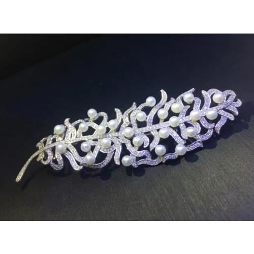 Cubic zirconia feather brooch pins & pendant double use 925 sterling silver with real fresh water pearl fine women jewelry