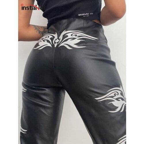 InstaHot Faux Leather PU Casual Print Pants Y2K Women Straight Drawstring Trousers Club Sexy 2021 Female High Waist Button Pant