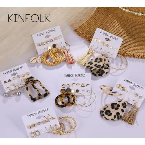 KINFOLK Gold Hoop Dangle Earrings For Women Bohemian Acrylic Tassel Earring Gold Fashion Studs Earings Set Jewelry 2020