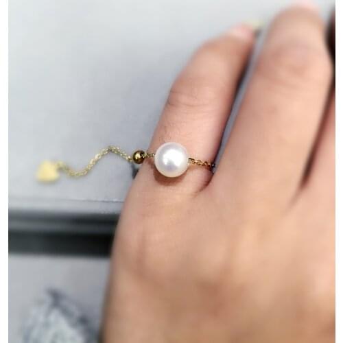 6-7MM natural sea water pearl ring 18K yellow gold adjustable size perfect round flawless fine women jewelry free shipping akoya