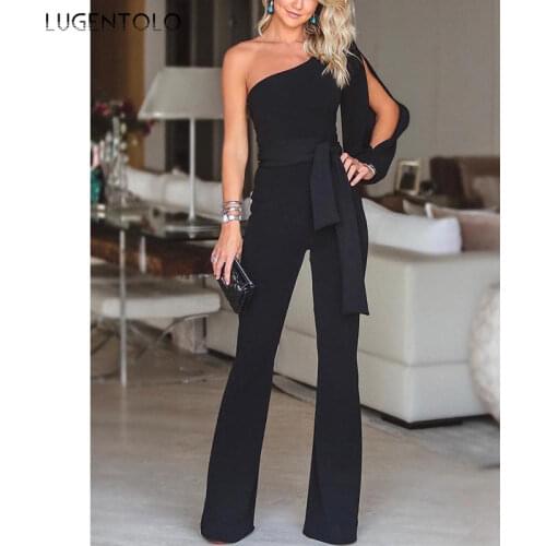 Sexy Jumpsuit Women One-shoulder High Waist Slim Empire Solid Lady Elegant Thin Lace-up Straight Long Jumpsuits Lugentolo