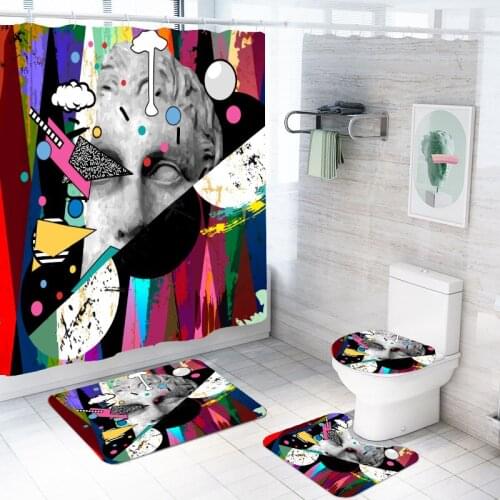High Quality Bathroom Set 3D Sugar Skull Flower Print Polyester 4 Piece Shower Curtains Toilet Cover Mat and Non Slip Rugs