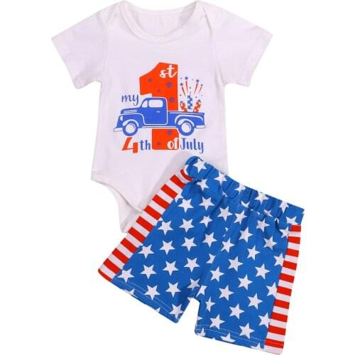 2021-04-23 Lioraitiin 0-18M Baby Girls Boys Summer Fashion Independence Day Short Sleeve Star Striped Top+Pants Sets