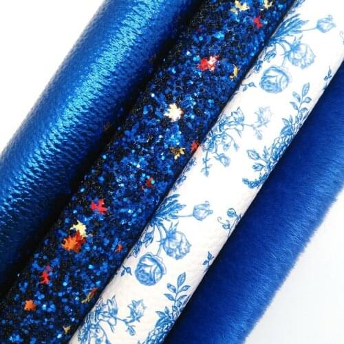 Blue Glitter leather with Maple Leaves, Flowers Printed Synthetic Leather Faux Fabric Sheet For Bow 21x29CM Twinkling Ming KM375