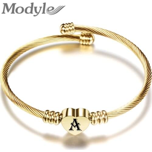 Modyle Punk Vintahe Alphabet Heart Bracelets For Woman Gold Color Stainless Steel A-Z 26 Letter Cuff Jewelry Bracelets Bangles