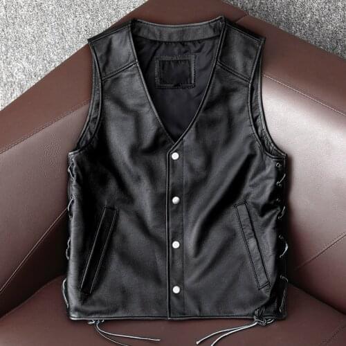 GU.SEEMIO Factory 100% Cowhide Mens Genuine Leather Jacket Leather Vest Waistcoat Motorcycle Clothing SKULLS