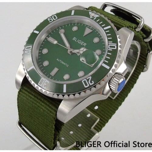 Classic BLIGER 40MM Green Dial Ceramic Bezel Luminous Marks Nylon Strap Sapphire MIYOTA Automatic Movement Mens Watch B103