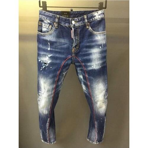 New Mens Skinny Jeans With Ripped Holes And elastic Paint Spray Blue Stitching Beggar Pants A177