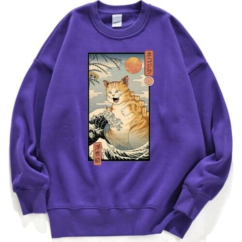 Mens Sweatshirts Japan Fashion Street Huge Cat Pattern Casual Costume Tracksuits Funny Cool Streetwear Fleece Warm Men Hoodie