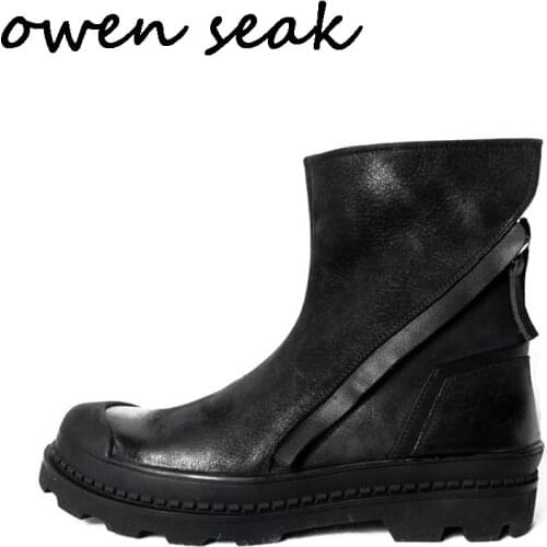 Owen Seak Men Casual Shoes Genuine Leather High-TOP Male Ankle Riding Boots Luxury Trainers Men Sneaker Zip Flats Black Shoes