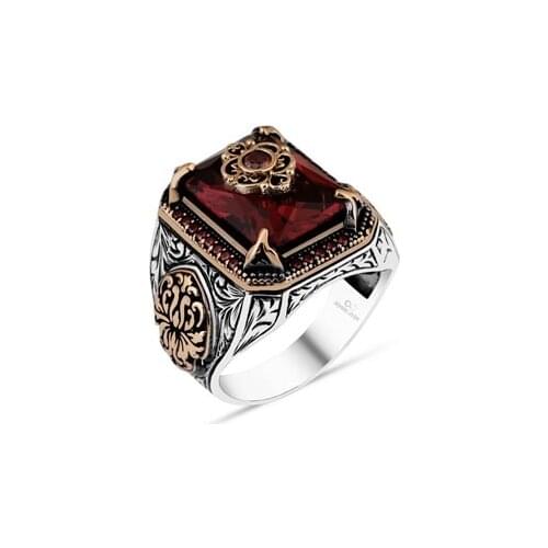 Red Cubic Zirconia Square Silver Men 'S Ring