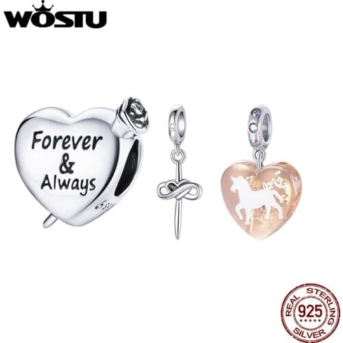WOSTU Authentic 925 Sterling Silver Rose Heart Shape Beads Charms Pendant Fit Original Bracelets Women Fashion DIY Jewelry Gift