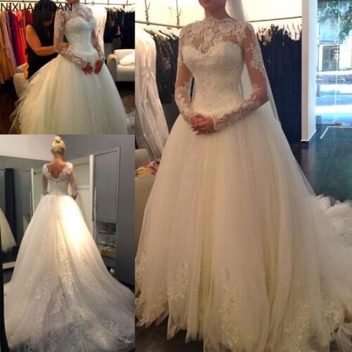 Simple Plus Size White Ball Gown Wedding Dress 2021 Sequins Lace Vestidos De Noive Long Sleeve Bride Dresses