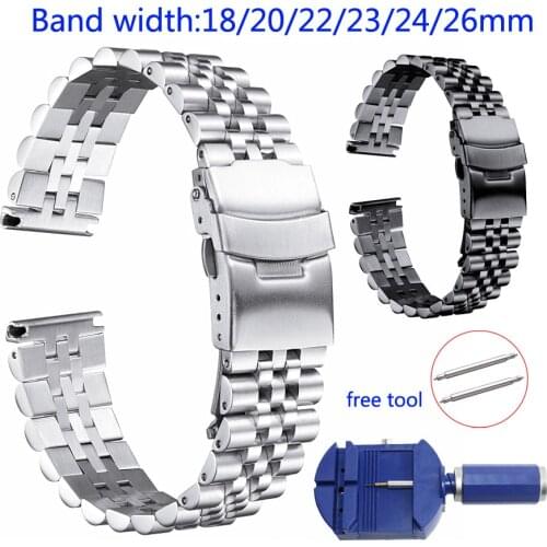 Silk Glossy 5Beads Watch Band 18mm 20mm 22mm 23mm 24mm 26mm Stainless Steel Watch Bands Belt Replacement Watch Strap with Tool