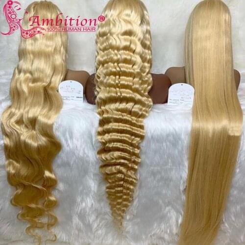 Ambition Blonde Deep Wave Human Hair Lace Wigs Preplucked Lace Frontal Wig Curly HD Transparent 613# Straight Glueless Lace Wigs