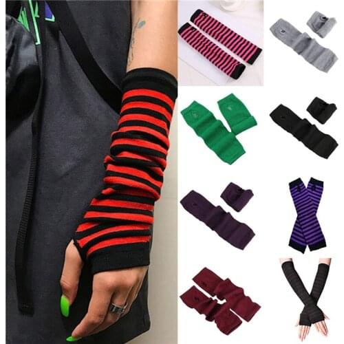 GAOKE Women Long Fingerless Gloves Fashion Striped Elbow Gloves 2020 Warmer Knit Mittens Work Gloves