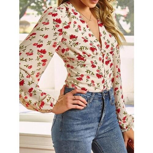 Women Long Sleeve With Print Casual Shirts Ladies Fashion Sexy V Neck Ruffle Shirts Tops