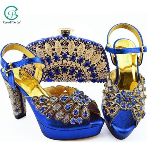Hot Sellling Italian Design New Arrival Nigerian Fashion Crystal Style Women Shoes and Bag in Royal Blue Color for Party Wedding