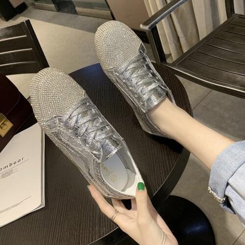 New 2021Loafers Women Platform Flats Faux Rhinestone Sneakers Lace-up Silver Solid Creepers Mujer Casual Flat Shoes Size 35-40